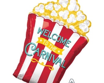 Può includere: Pallone a forma di secchiello di popcorn a strisce rosse e bianche con il testo "Welcome to the Carnival" in blu e giallo.