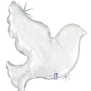 Könnte beinhalten: Ein weißer, taubenförmiger Ballon mit Glitzer-Finish. Die Taube, ein Friedenssymbol, hat detaillierte Flügel und ein kleines Logo. Ideal für Feiern und Veranstaltungen.
