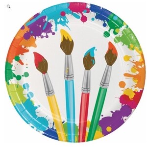Piatti per feste di pittura - Piatti per feste artistiche - Piatti arcobaleno - Festa arcobaleno - Festa Color Me Happy - Festa Candyland - Festa di pittura a spruzzo