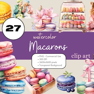 27 Französisch Macarons Aquarell Clipart PNG Sublimation Bundle Kommerzielle Nutzung Grafiken Lebensmittel Dessert Pastell Makronen Kekse Digital Clip Art