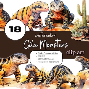 18 Gila Monster Aquarell Clipart PNG Sublimationspaket Kommerzielle Nutzung Grafiken Tier Eidechse Wüste Reptil Arizona Digitale Clip Art