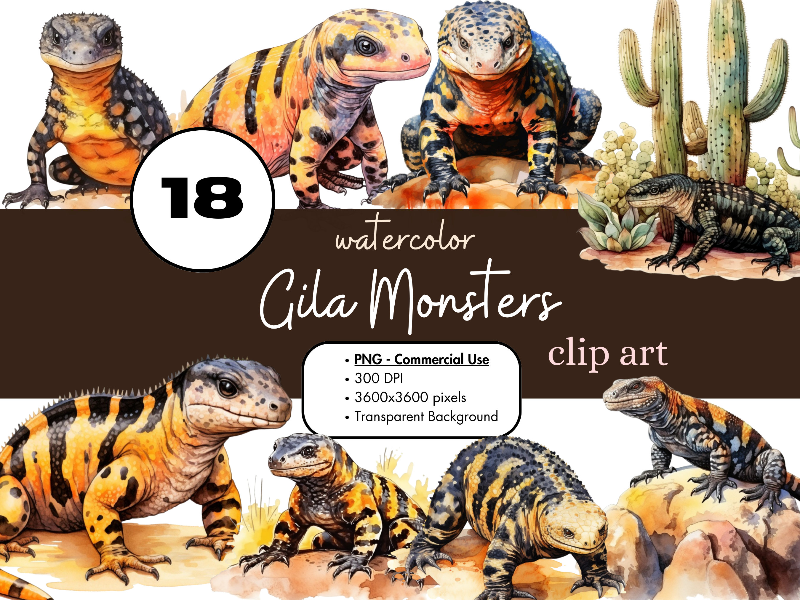 18 Gila Monster Watercolor Clipart PNG Sublimation Bundle Commercial ...