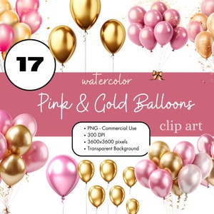 17 roze en gouden ballonnen aquarel clipart sublimatie bundel PNG commercieel gebruik graphics folie verjaardagsfeestje junk Journal digitale kunst