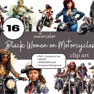 16 Black Girl Motorcycle Biker Clipart Bundle, Femmes afro-américaines PNG Sublimation Bundle Utilisation commerciale Graphiques Motorsports Aquarelle