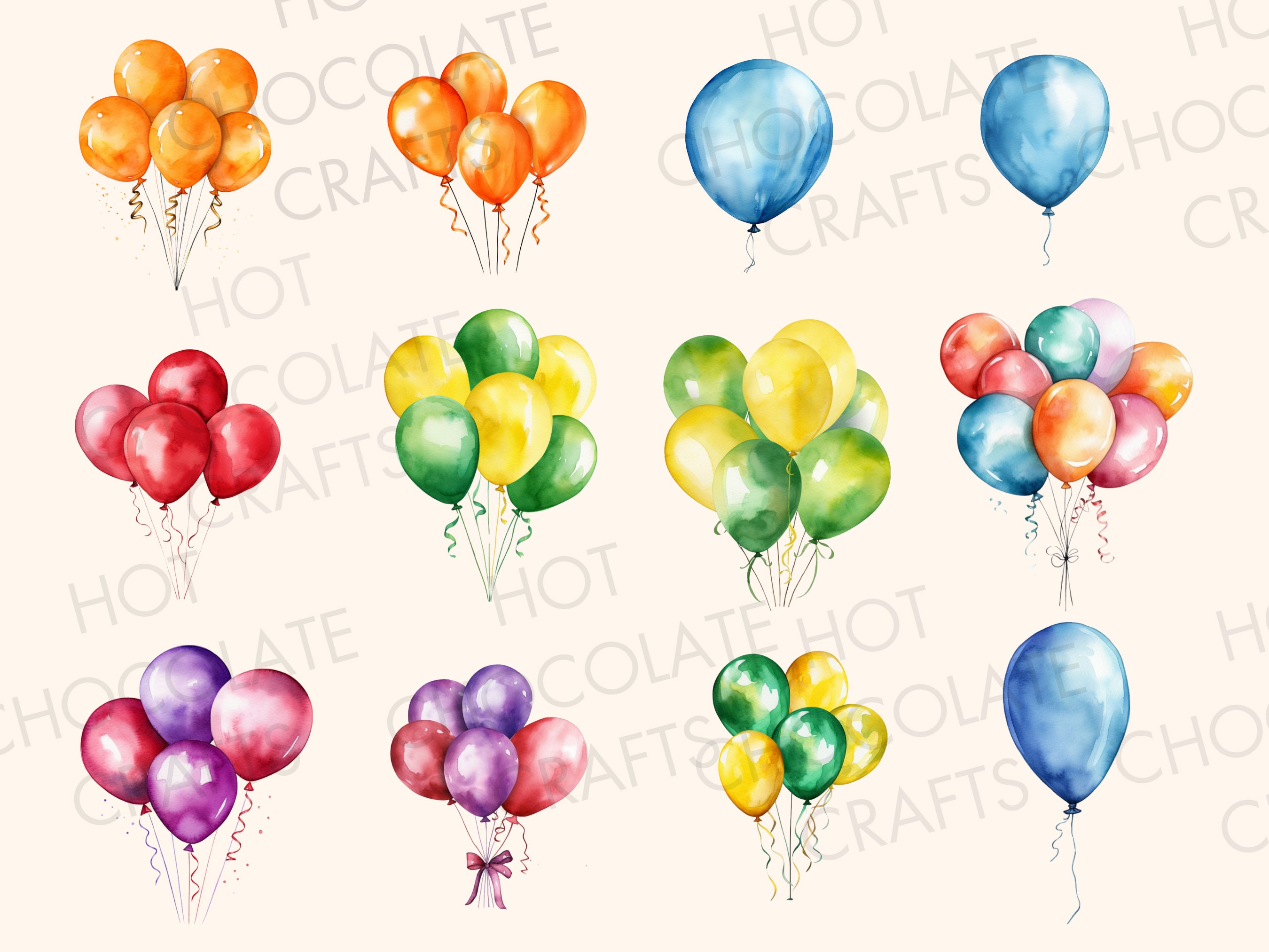 41 Colorful Birthday Balloons Watercolor Clipart Sublimation Bundle PNG ...