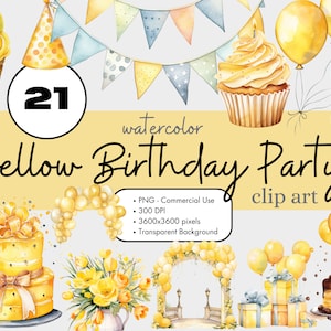 21 Gelb Geburtstag Party Elemente Aquarell Clipart Sublimation Bundle PNG Kommerzielle Nutzung Grafiken Kuchen Luftballons Banner Rahmen Clip Art