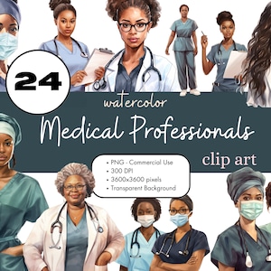 24 Pacchetto di clipart medico infermiera ragazza nera, pacchetto di sublimazione PNG afroamericano per uso commerciale acquerello per professionisti sanitari medici