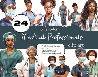 24 Black Girl Nurse Doctor Clipart Bundle, African American PNG Sublimation Bundle Commercial Use Medical Healthcare Professional Watercolor