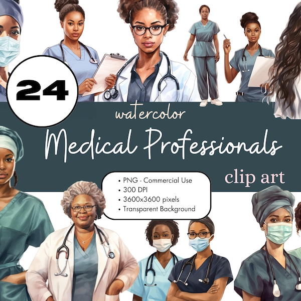 24 Black Girl Nurse Doctor Clipart Bundle, African American PNG Sublimation Bundle Commercial Use Medical Healthcare Professional Watercolor