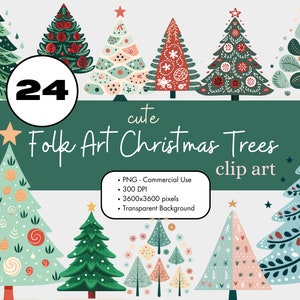 24 alberi di Natale di arte popolare clipart sublimazione bundle PNG uso commerciale grafica elegante vacanza invernale scandinavo carino clip art digitale
