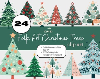 24 Folk Art Christmas Trees Clipart Sublimation Bundle PNG Commercial Use Graphics Elegant Holiday Winter Scandinavian Cute Digital Clip Art