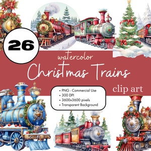 26 Trenes de Navidad Paquete de sublimación de imágenes prediseñadas navideñas PNG Uso comercial Imprimible Digital Scrapbook Gráficos Locomotora Steampunk Clip Art