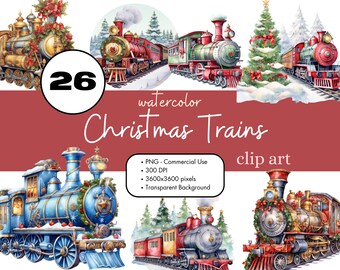 26 Christmas Trains Holiday Clipart Sublimation Bundle PNG Commercial Use Printable Digital Scrapbook Graphics Locomotive Steampunk Clip Art