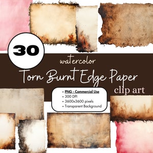 30 acquerello bruciato bordo carta Clipart PNG sublimazione bundle uso commerciale grafica vintage vecchia carta strappata artigianato journaling digitale