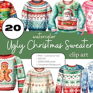20 bundle di clipart di brutti maglioni di Natale, bundle di sublimazione PNG di abbigliamento per uso commerciale, grafica, clip art di moda ad acquerello
