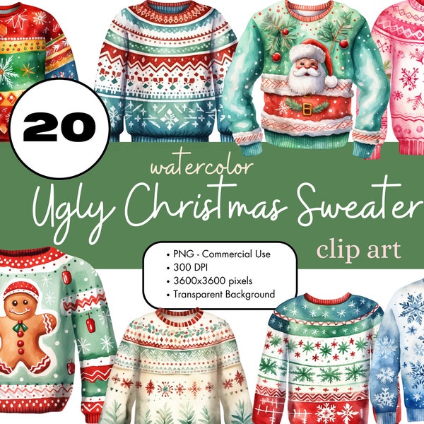 20 Ugly Christmas Sweater Clipart Bundle, Clothing PNG Sublimation Bundle Commercial Use Graphics Watercolor Fashion Clip Art