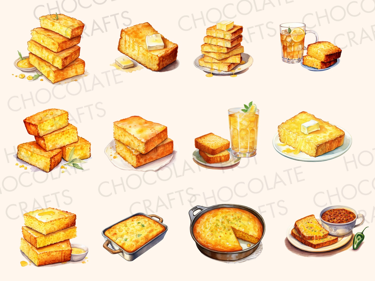 13 Cornbread Thanksgiving Watercolor Clipart PNG Sublimation Bundle ...