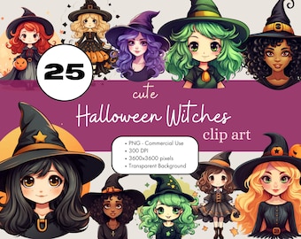 Cute Halloween Witches Clipart Bundle, Kawaii PNG Graphics (Digital)