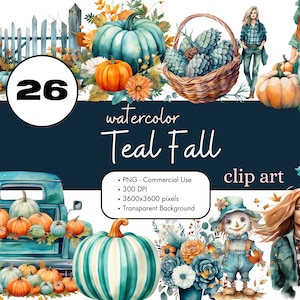 26 Teal Fall Halloween Watercolor Clipart PNG Sublimation Bundle Commercial Use Graphics Spooky Illustrations Pastel Digital Clip Art