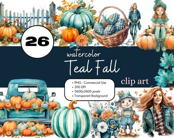 26 Teal Fall Halloween Watercolor Clipart PNG Sublimation Bundle Commercial Use Graphics Spooky Illustrations Pastel Digital Clip Art
