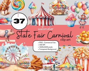 37 State Fair Carnival Festival Watercolor Clipart Sublimation Design Elements Bundle PNG Commercial Use Graphics County Fair Clip Art