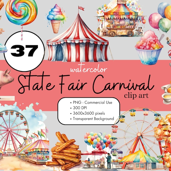 37 State Fair Carnival Festival Watercolor Clipart Sublimation Design Elements Bundle PNG Commercial Use Graphics County Fair Clip Art