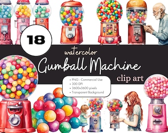 18 Gumball Machine Watercolor Clipart PNG Sublimation Bundle Commercial Use Graphics Illustrations  Retro Candy Vending Digital Clip Art