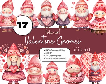 17 Gnomes Valentine's Day Clipart PNG Sublimation Bundle Commercial Use Graphics Vintage Love Folk Art Hearts Ephemera Digital Scrapbooking