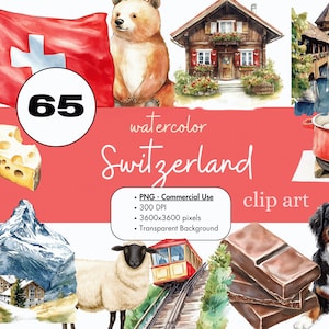 65 Schweiz Clipart Sublimations Bundle PNG Kommerzielle Nutzung Grafiken Clip Art Schweizer Kultur Alpen Digitale Reise Sehenswürdigkeiten Aquarell Europa