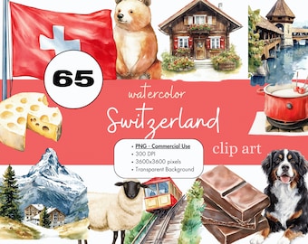 以下が含まれることがあります： スイスの画像をフィーチャーした水彩クリップアートセット。旗、山、シャレー、クマ、牛、羊、電車、チーズ、チョコレート、フォンデュ鍋などがあります。セットには65個の個別の要素が含まれています。