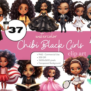 37 Chibi Black Girls Clipart Bundle, African American Women PNG Sublimation Bundle Commercial Use Anime Dolls Cartoon Watercolor Digital