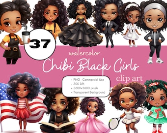 37 Chibi Black Girls Clipart Bundle, African American Women PNG Sublimation Bundle Commercial Use Anime Dolls Cartoon Watercolor Digital