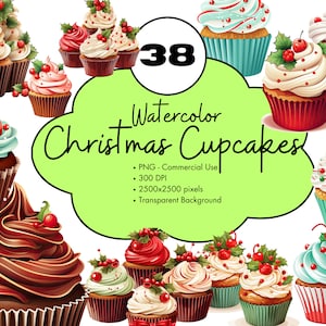 38 Christmas Cupcakes Watercolor Cute Clipart Halloween Baking Design Elements Bundle PNG Commercial Use Dessert Holiday Food Clip Art
