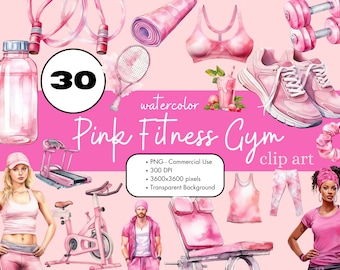 30 Pink Fitness Gym Exercise Workout Watercolor Clipart Sublimation Bundle PNG Commercial Use Graphics Healthy Lifestyle Pastel Clip Art
