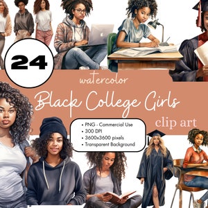 24 zwarte college meisjes clipart bundel, Afro-Amerikaanse vrouwen PNG sublimatie bundel commercieel gebruik studenten school aquarel digitaal