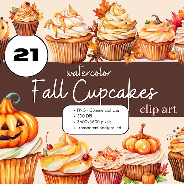 21 Fall Cupcakes Autumn Watercolor Clipart PNG Sublimation Bundle Commercial Use Graphics Autumn Baked Goods Desserts Digital Clip Art