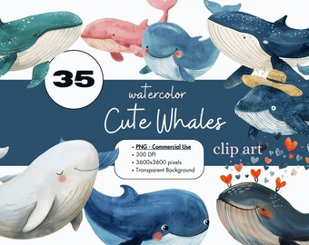 35 süße Wale Aquarell Clipart Sublimationspaket PNG kommerzielle Nutzung Grafiken Tier Kawaii Sealife Wildtiere Ozean Kindergarten Clip Art