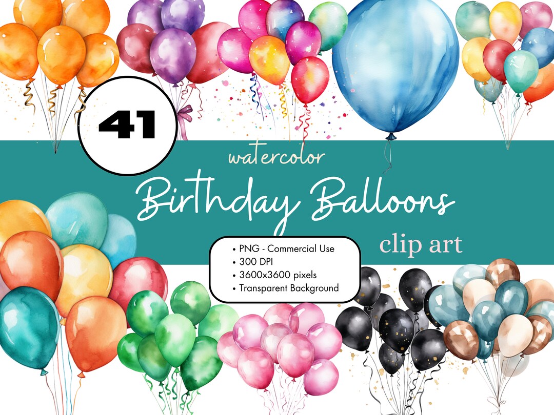 41 Colorful Birthday Balloons Watercolor Clipart Sublimation Bundle PNG ...