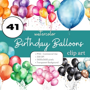 41 Colorful Birthday Balloons Watercolor Clipart Sublimation Bundle PNG Commercial Use Graphics Foil Birthday Party Junk Journal Digital Art