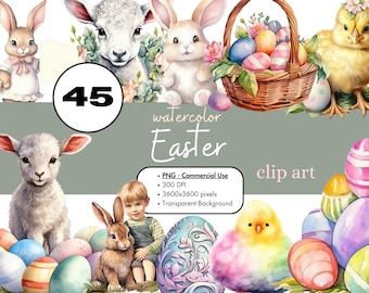 45 Easter Watercolor Clipart Sublimation Bundle PNG Commercial Use Graphics Elegant Holiday Spring Eggs Basket Bunny Pastel Digital Clip Art