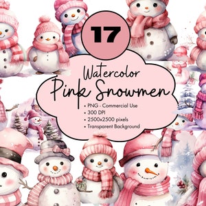17 Pink Snowman Watercolor Cute Clipart Christmas Design Elements Bundle PNG Commercial Use Winter Holiday
