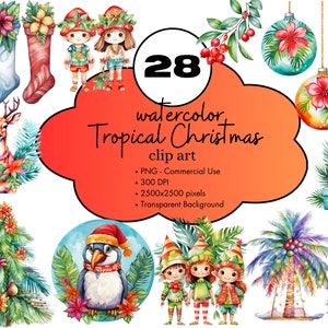 28 Tropical Christmas Watercolor Cute Clipart Santa Gifts Design Elements Bundle PNG Commercial Use Palm Trees Clip Art