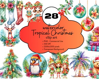 Tropical Christmas Clipart: Santa, Palm Trees (PNG, Commercial Use)
