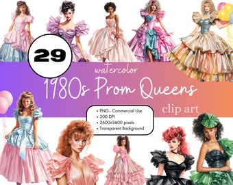 29 1980s Prom Queen Watercolor Clipart PNG Sublimation Bundle Commercial Use Vintage Fashion Retro Women 80s Clothing Digital Clip Art