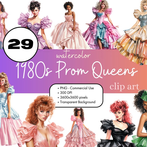 29 1980s Prom Queen Watercolor Clipart PNG Sublimation Bundle Commercial Use Vintage Fashion Retro Women 80s Clothing Digital Clip Art
