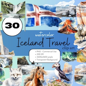30 Island Reise Aquarell Clipart Sublimationsdesign-Elemente Bundle PNG Kommerzielle Nutzung Grafiken Europa Urlaub Reykjavik Clip Art