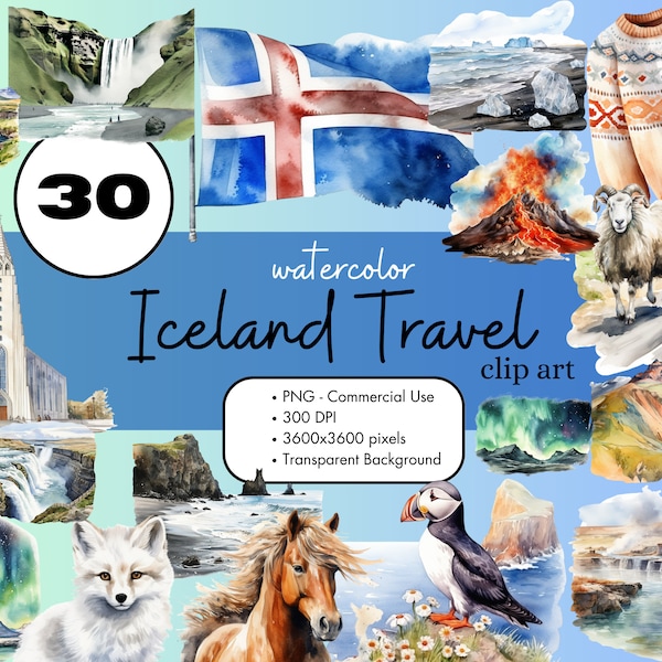 30 Iceland Travel Watercolor Clipart Sublimation Design Elements Bundle PNG Commercial Use Graphics Europe Vacation Reykjavik Clip Art
