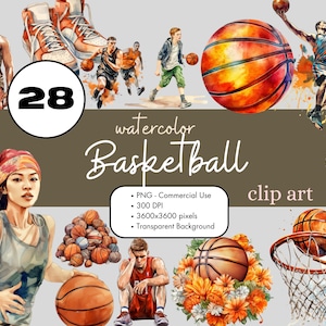 28 Basketball aquarelle Clipart PNG Sublimation Bundle usage commercial graphiques travail d'équipe jeu Illustration sport numérique Clip Art