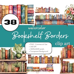 Puede incluir: Conjunto de 38 bordes de estantería de libros en acuarela. El conjunto incluye varios estilos de estanterías con libros de diferentes colores. Las estanterías están sobre un fondo blanco.