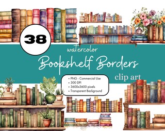 38 Obramowania książek Półka na książki Akwarela Clipart Sublimacja Pakiet PNG Komercyjne wykorzystanie Grafiki Biblioteka Czytanie Junk Dziennik Sztuka cyfrowa